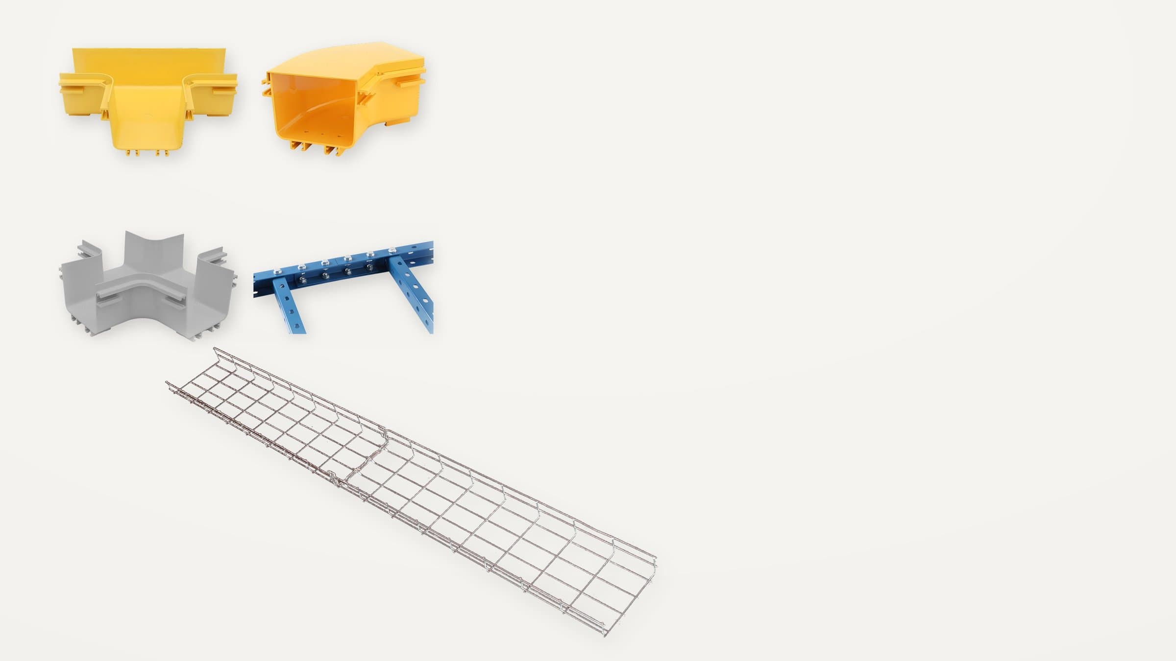 Wire mesh cable tray and fittings.