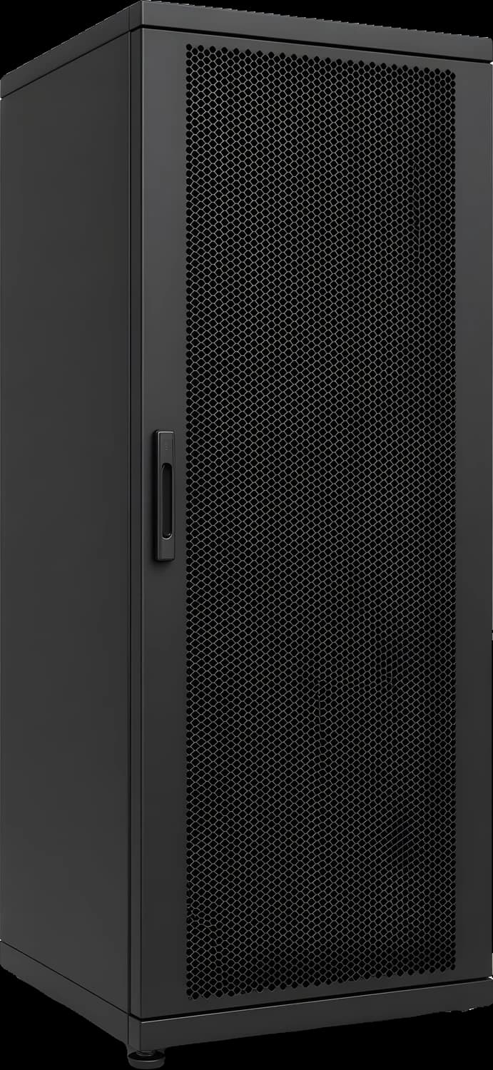 Illustrative render of a black mesh-door cabinet.